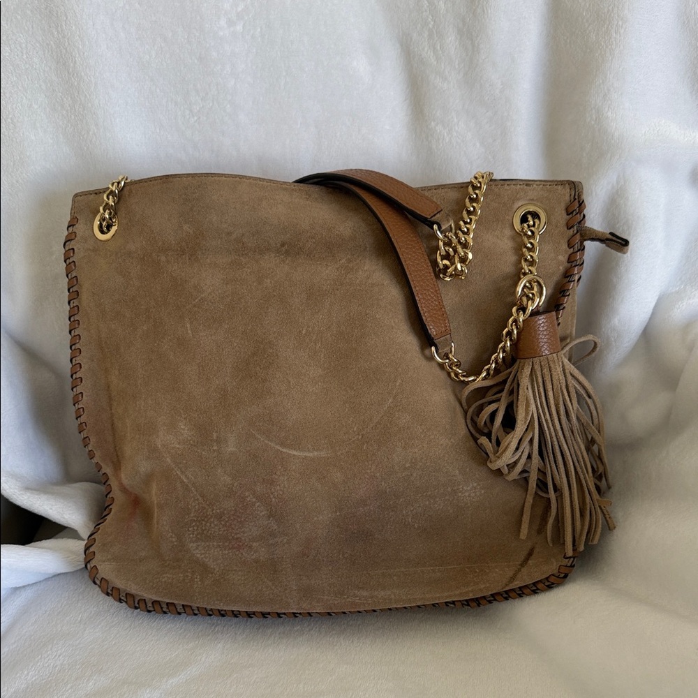Brown Suede Tote Bag with Tassel